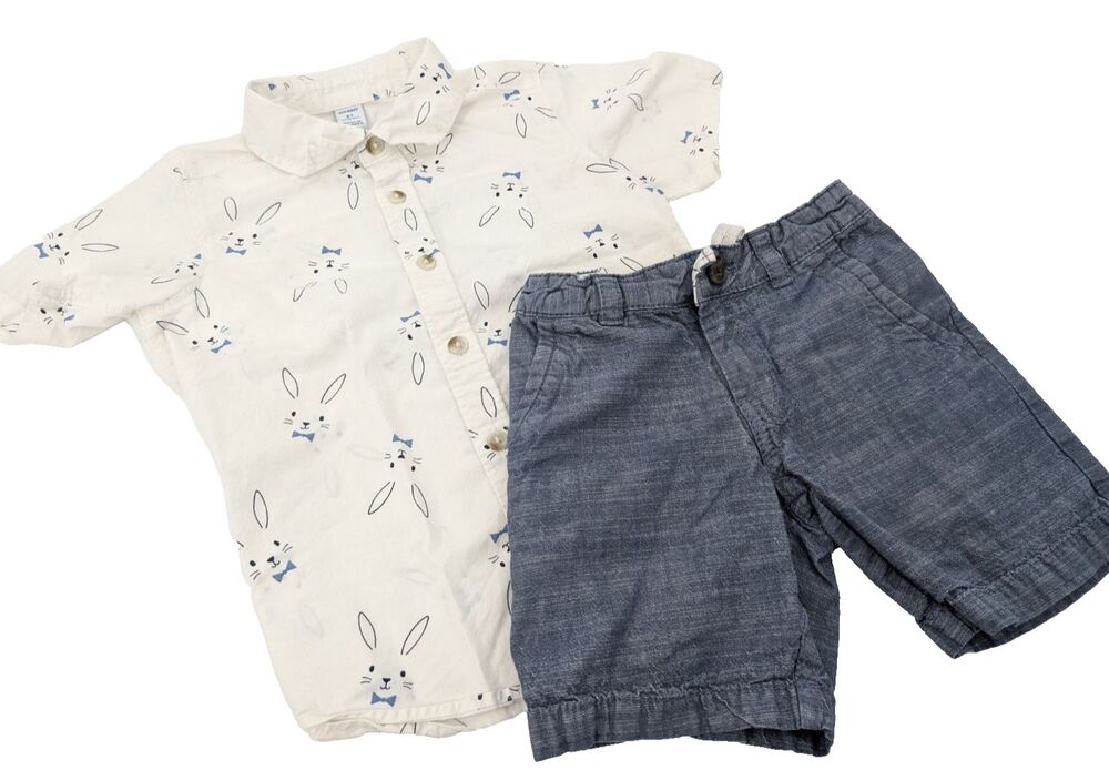 Old Navy Boys Easter Outfit Set Rabbits Jean Shorts Short Sleeve Button up 4T